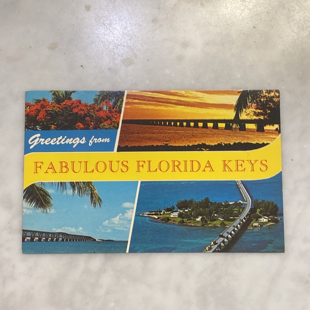 Vtg Greetings From Fabulous Florida Keys Postcard Ariel Views Bridge Sunset